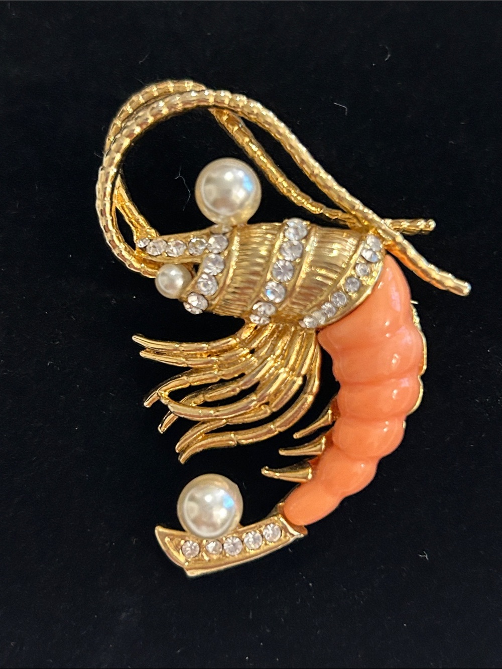 Gold-Tone Coral Enamel Shrimp Brooch with Pearl & Crystal Accents